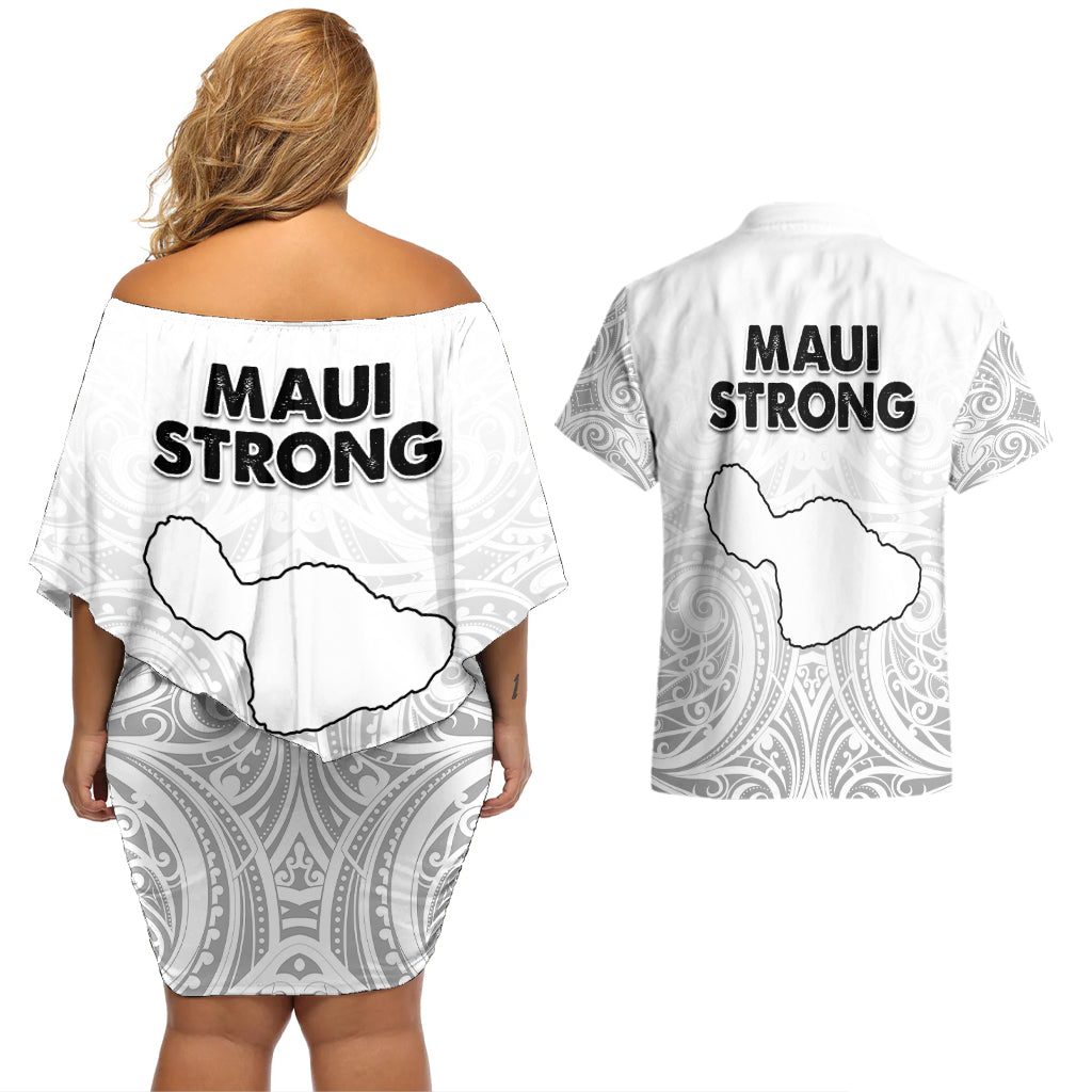 Hawaii Strong Maui Wildfire Couples Matching Off Shoulder Short Dress and Hawaiian Shirt No4 LT9 - Polynesian Pride