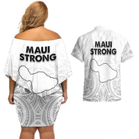 Hawaii Strong Maui Wildfire Couples Matching Off Shoulder Short Dress and Hawaiian Shirt No4 LT9 - Polynesian Pride