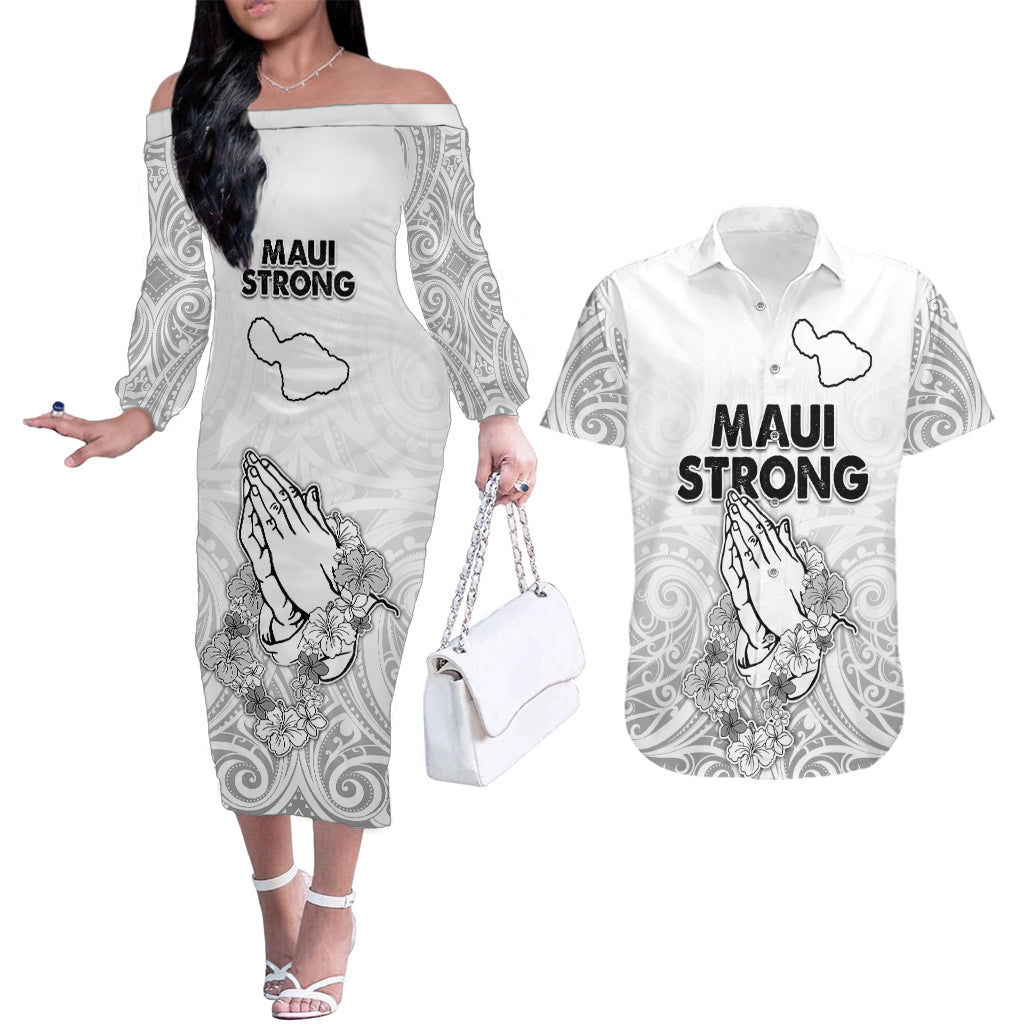 Hawaii Strong Maui Wildfire Couples Matching Off The Shoulder Long Sleeve Dress and Hawaiian Shirt No4 LT9 White - Polynesian Pride