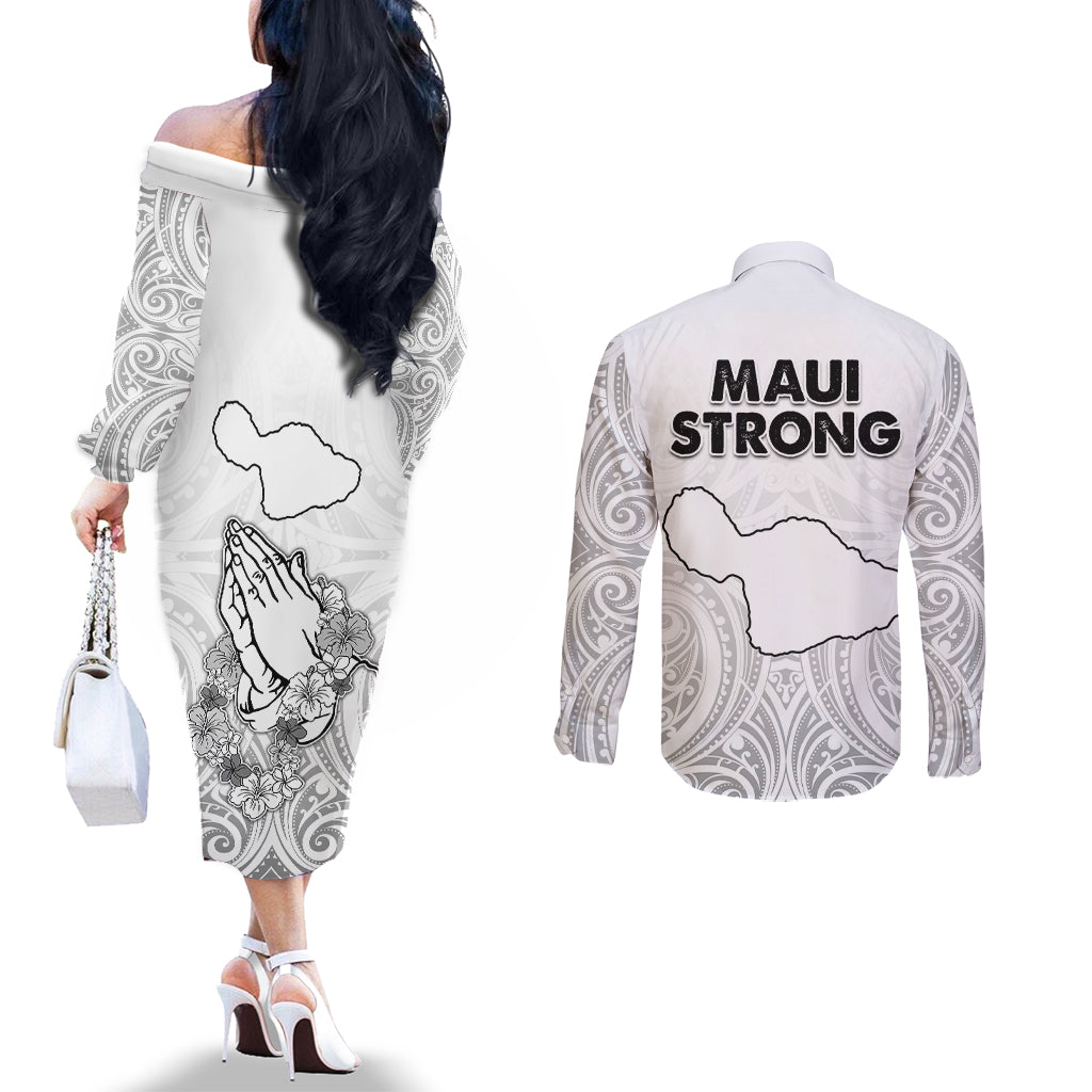 Hawaii Strong Maui Wildfire Couples Matching Off The Shoulder Long Sleeve Dress and Long Sleeve Button Shirts No4 LT9 - Polynesian Pride