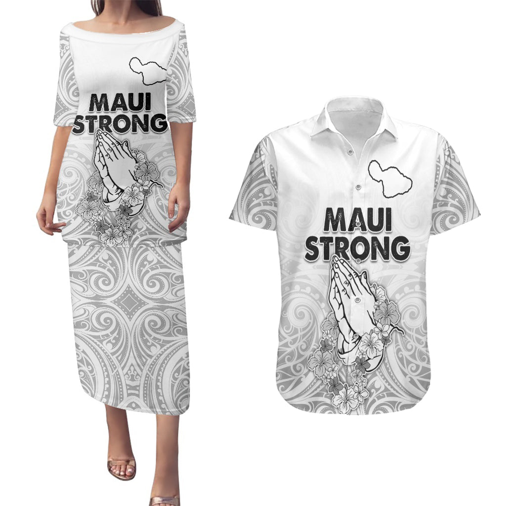 Hawaii Strong Maui Wildfire Couples Matching Puletasi Dress and Hawaiian Shirt No4 LT9 White - Polynesian Pride