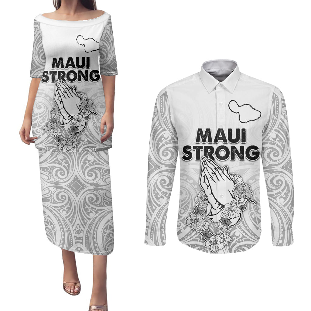 Hawaii Strong Maui Wildfire Couples Matching Puletasi Dress and Long Sleeve Button Shirts No4 LT9 White - Polynesian Pride