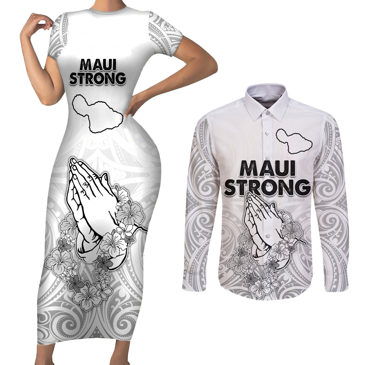 Hawaii Strong Maui Wildfire Couples Matching Short Sleeve Bodycon Dress and Long Sleeve Button Shirts No4 LT9 White - Polynesian Pride