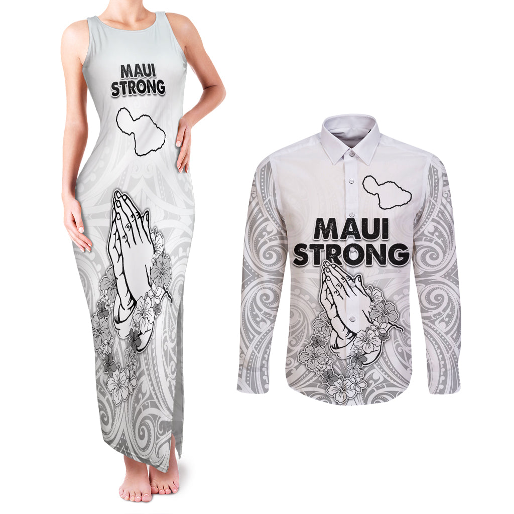 Hawaii Strong Maui Wildfire Couples Matching Tank Maxi Dress and Long Sleeve Button Shirts No4 LT9 White - Polynesian Pride