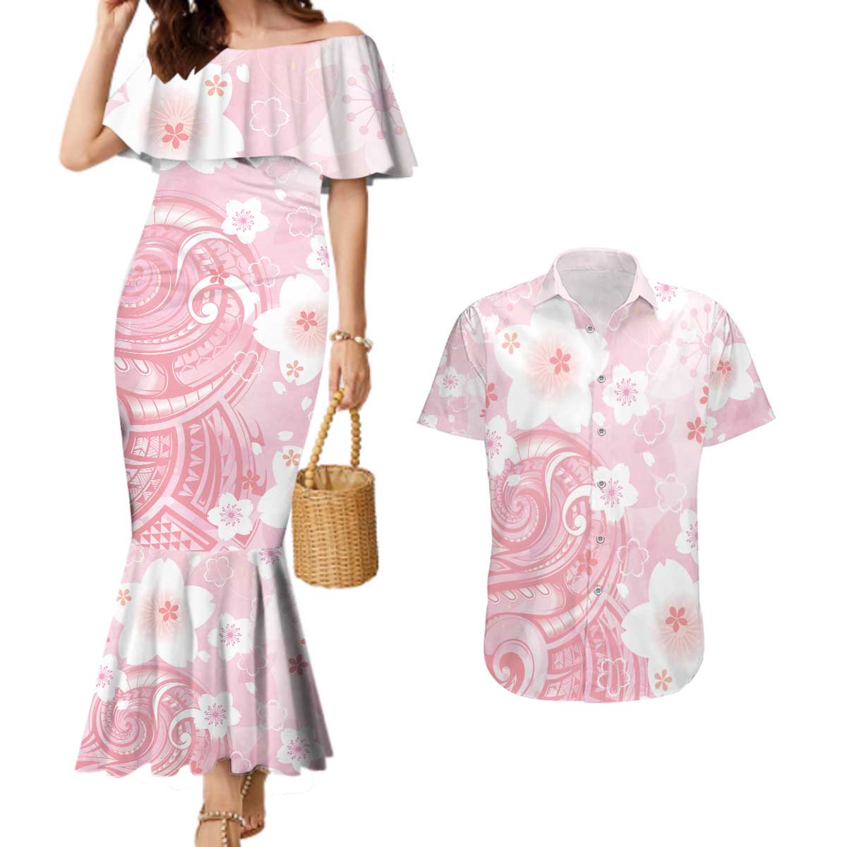 Japan Sakura Floral with Polynesian Vibe Couples Matching Mermaid Dress and Hawaiian Shirt