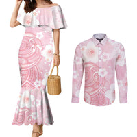 Japan Sakura Floral with Polynesian Vibe Couples Matching Mermaid Dress and Long Sleeve Button Shirt