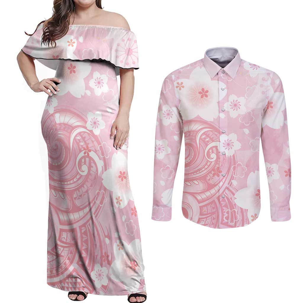 Japan Sakura Floral with Polynesian Vibe Couples Matching Off Shoulder Maxi Dress and Long Sleeve Button Shirt