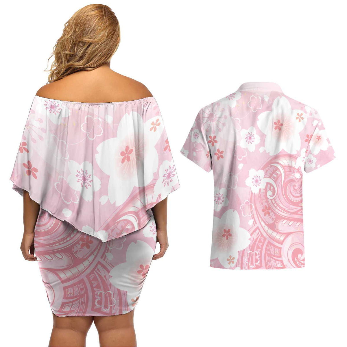 Japan Sakura Floral with Polynesian Vibe Couples Matching Off Shoulder Short Dress and Hawaiian Shirt