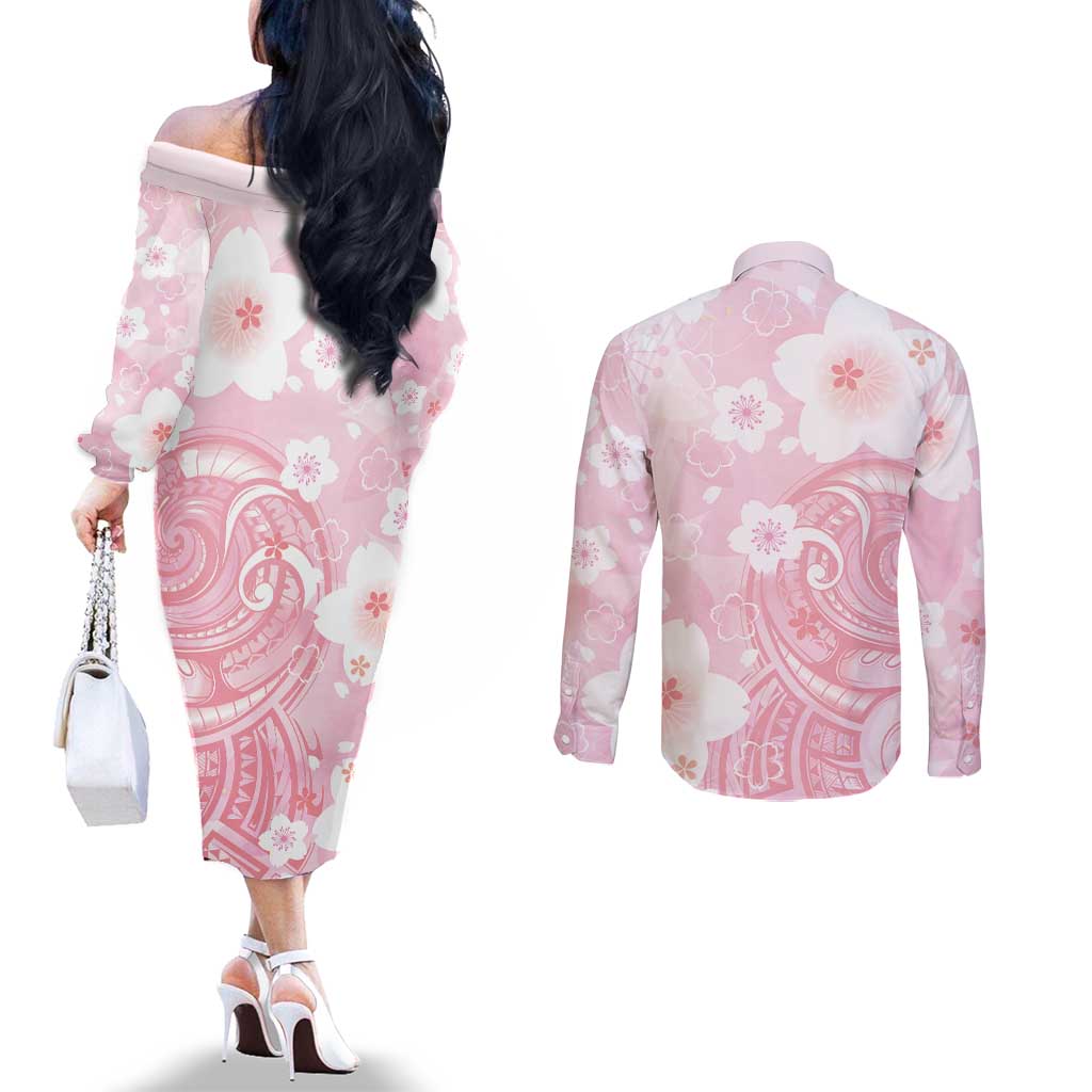 Japan Sakura Floral with Polynesian Vibe Couples Matching Off The Shoulder Long Sleeve Dress and Long Sleeve Button Shirt