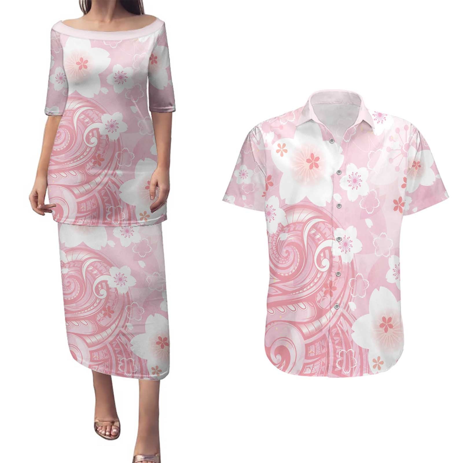 Japan Sakura Floral with Polynesian Vibe Couples Matching Puletasi and Hawaiian Shirt