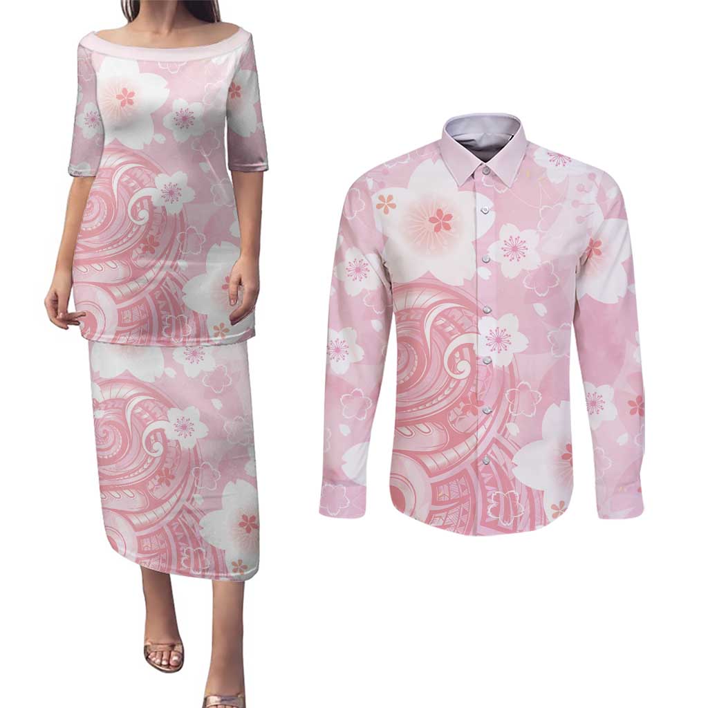 Japan Sakura Floral with Polynesian Vibe Couples Matching Puletasi and Long Sleeve Button Shirt