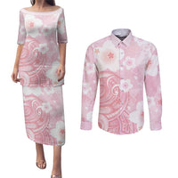 Japan Sakura Floral with Polynesian Vibe Couples Matching Puletasi and Long Sleeve Button Shirt