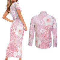 Japan Sakura Floral with Polynesian Vibe Couples Matching Short Sleeve Bodycon Dress and Long Sleeve Button Shirt