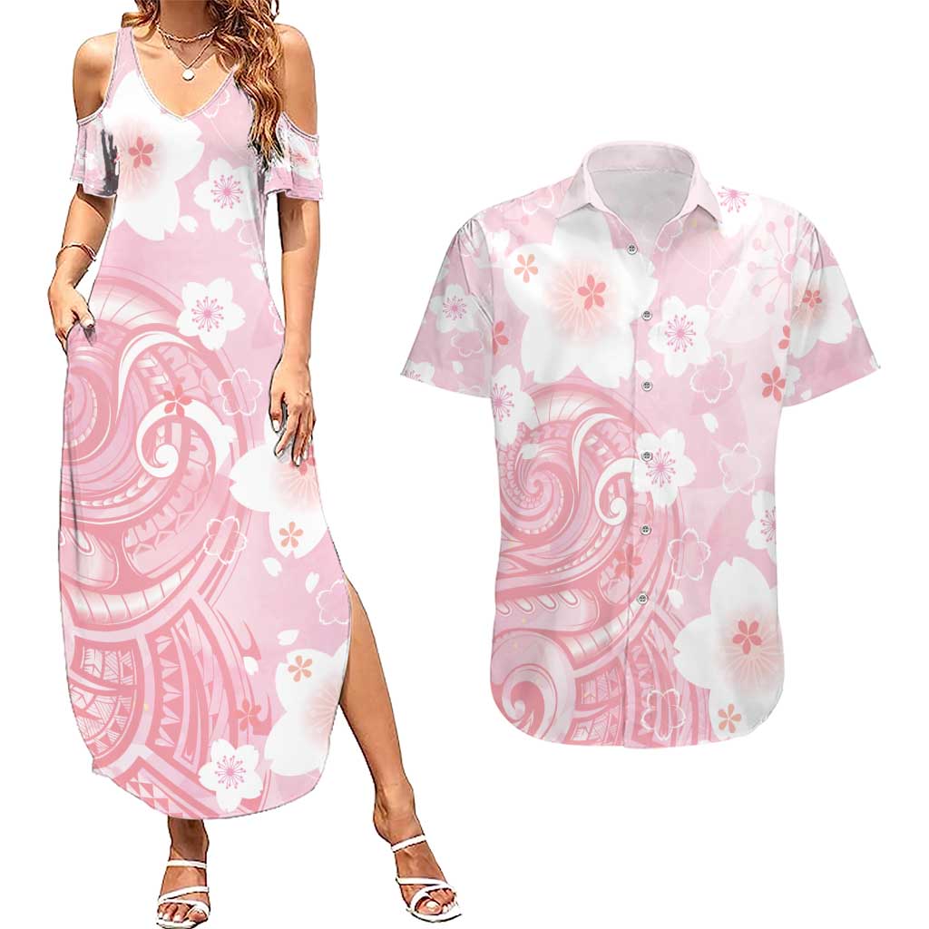 Japan Sakura Floral with Polynesian Vibe Couples Matching Summer Maxi Dress and Hawaiian Shirt