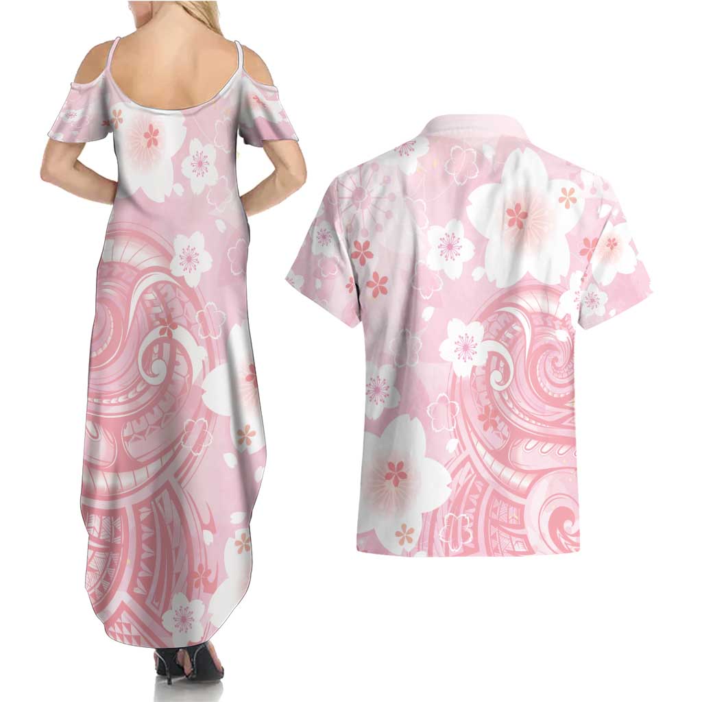 Japan Sakura Floral with Polynesian Vibe Couples Matching Summer Maxi Dress and Hawaiian Shirt