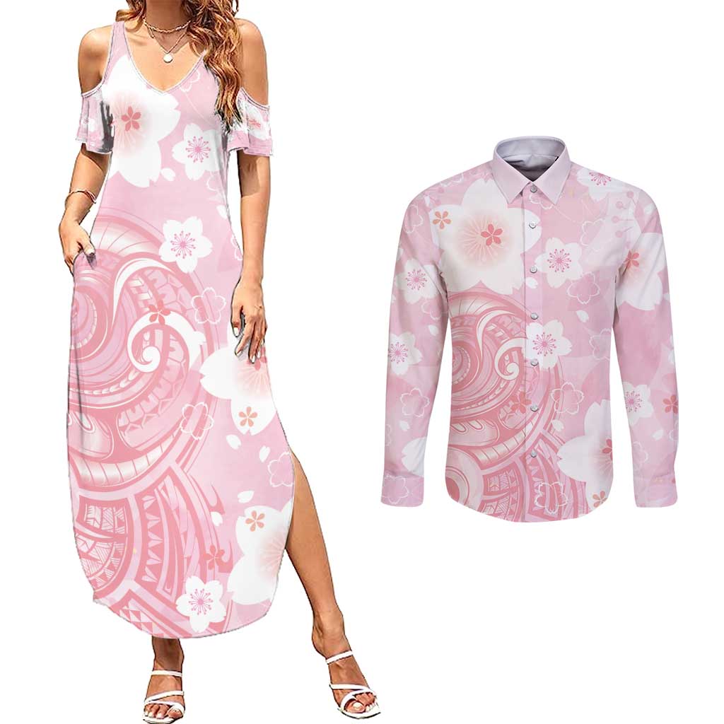 Japan Sakura Floral with Polynesian Vibe Couples Matching Summer Maxi Dress and Long Sleeve Button Shirt