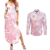 Japan Sakura Floral with Polynesian Vibe Couples Matching Summer Maxi Dress and Long Sleeve Button Shirt