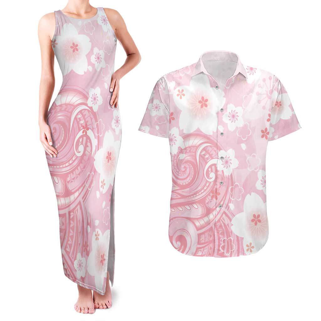 Japan Sakura Floral with Polynesian Vibe Couples Matching Tank Maxi Dress and Hawaiian Shirt