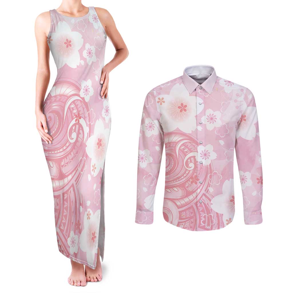 Japan Sakura Floral with Polynesian Vibe Couples Matching Tank Maxi Dress and Long Sleeve Button Shirt