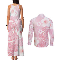 Japan Sakura Floral with Polynesian Vibe Couples Matching Tank Maxi Dress and Long Sleeve Button Shirt