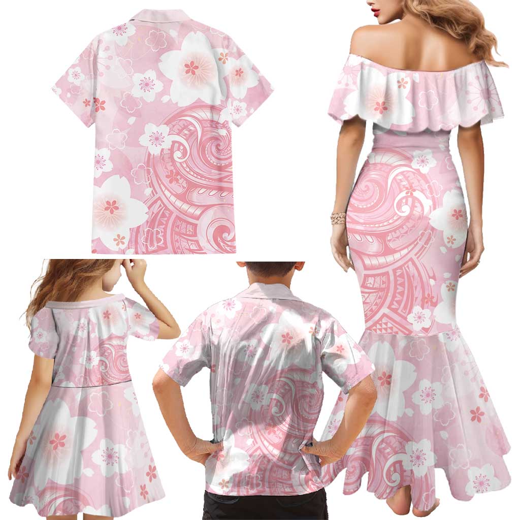 Japan Sakura Floral with Polynesian Vibe Family Matching Mermaid Dress and Hawaiian Shirt