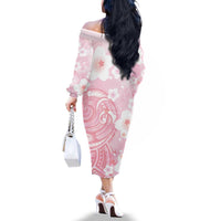 Japan Sakura Floral with Polynesian Vibe Family Matching Off The Shoulder Long Sleeve Dress and Hawaiian Shirt