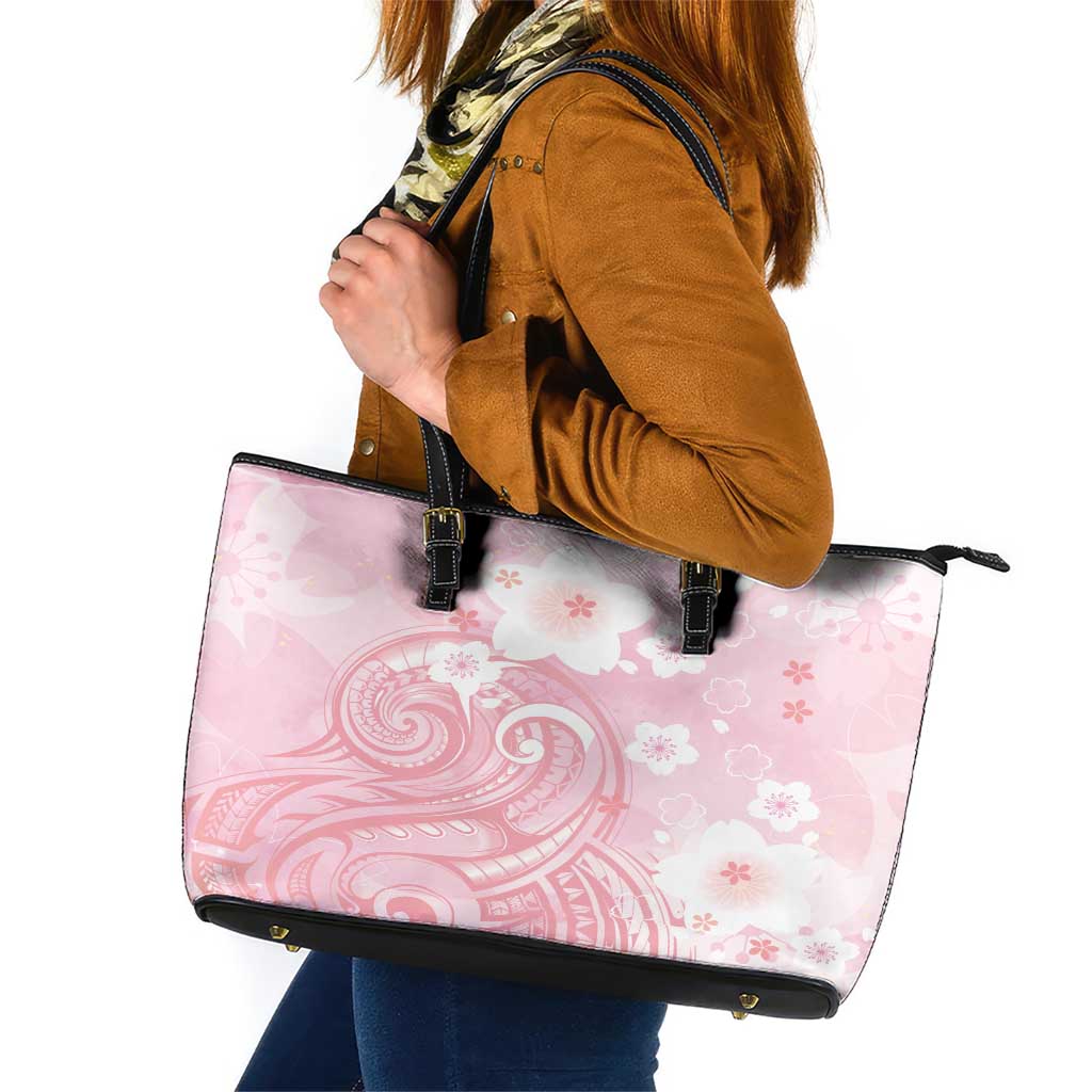 Japan Sakura Floral with Polynesian Vibe Leather Tote Bag LT9 Pink - Polynesian Pride