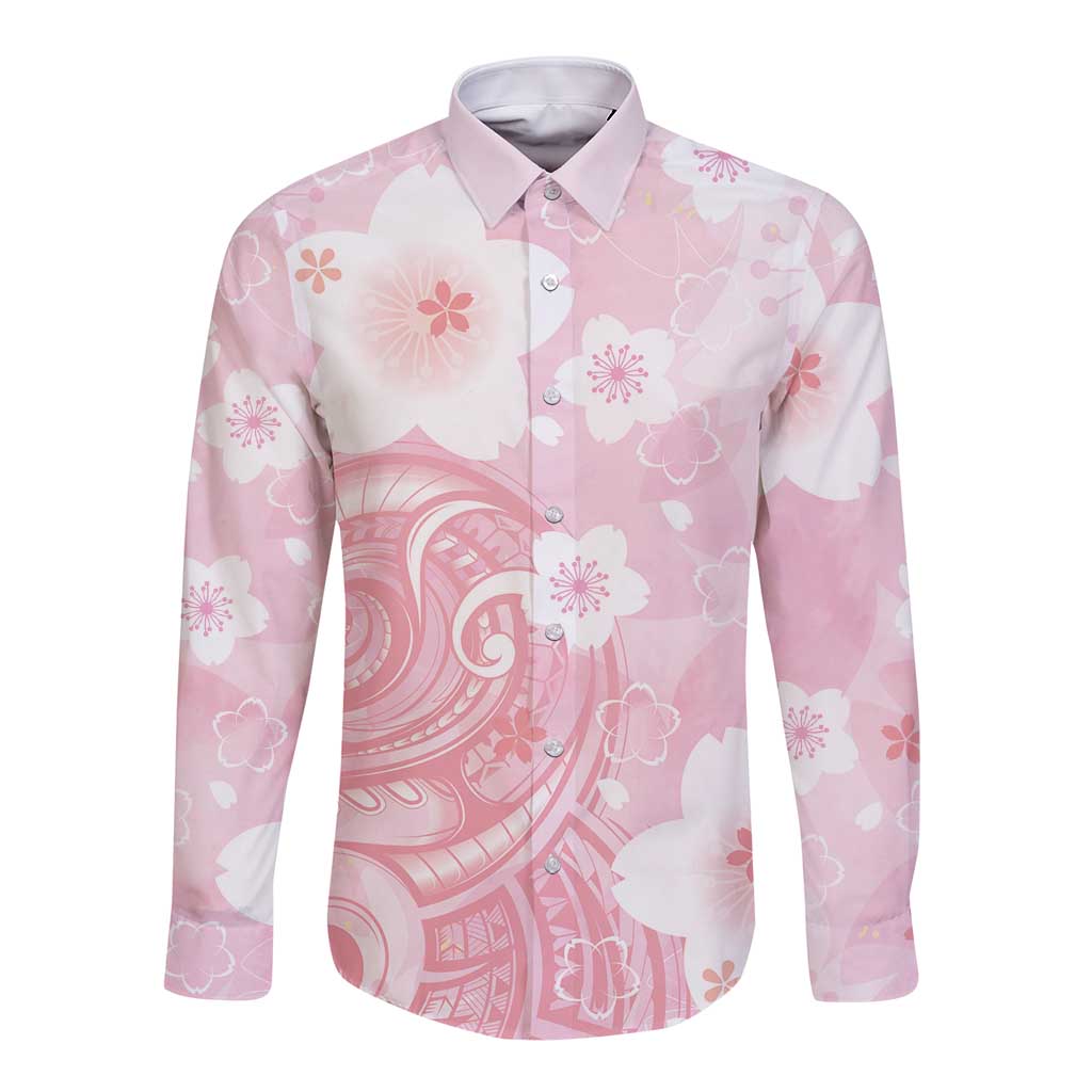 Japan Sakura Floral with Polynesian Vibe Long Sleeve Button Shirt LT9 Unisex Pink - Polynesian Pride