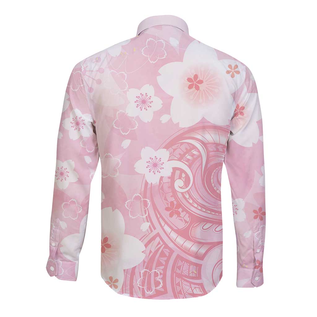 Japan Sakura Floral with Polynesian Vibe Long Sleeve Button Shirt LT9 - Polynesian Pride