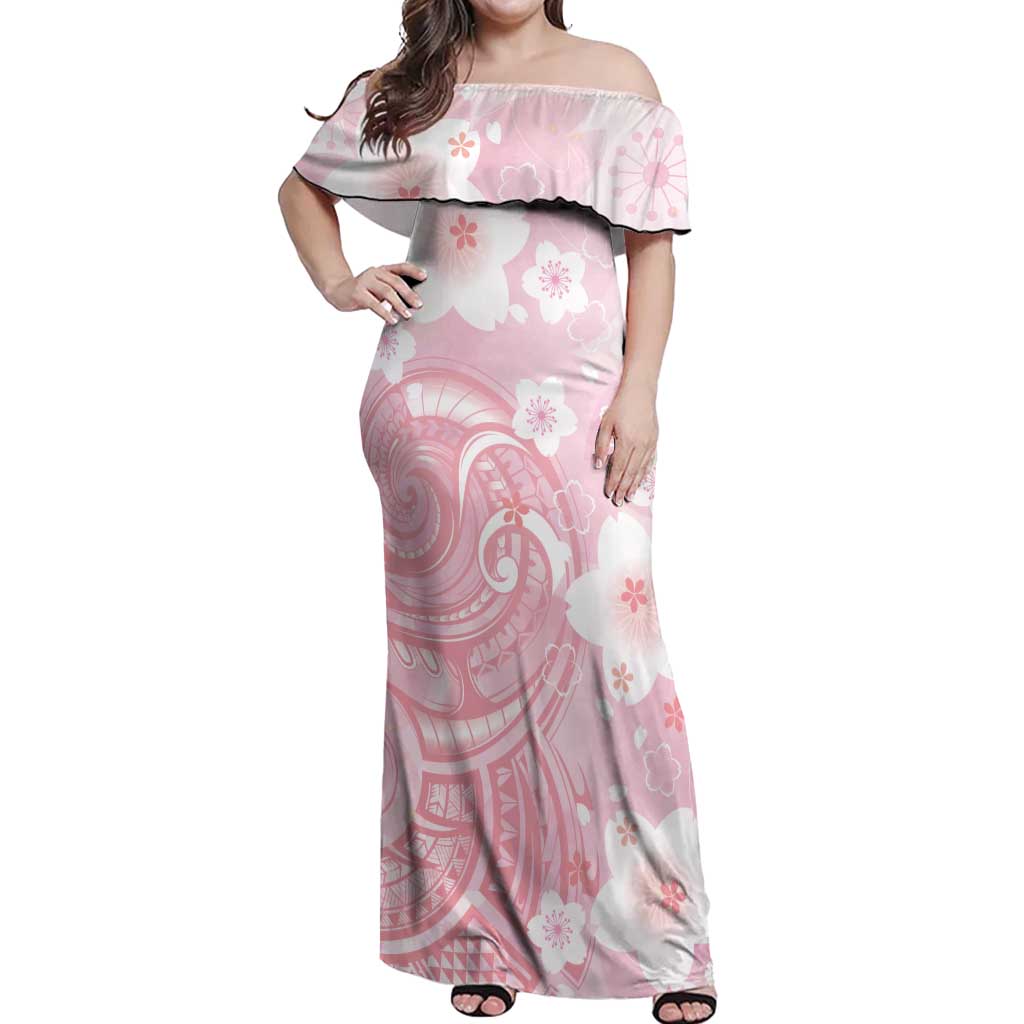 Japan Sakura Floral with Polynesian Vibe Off Shoulder Maxi Dress LT9 Women Pink - Polynesian Pride