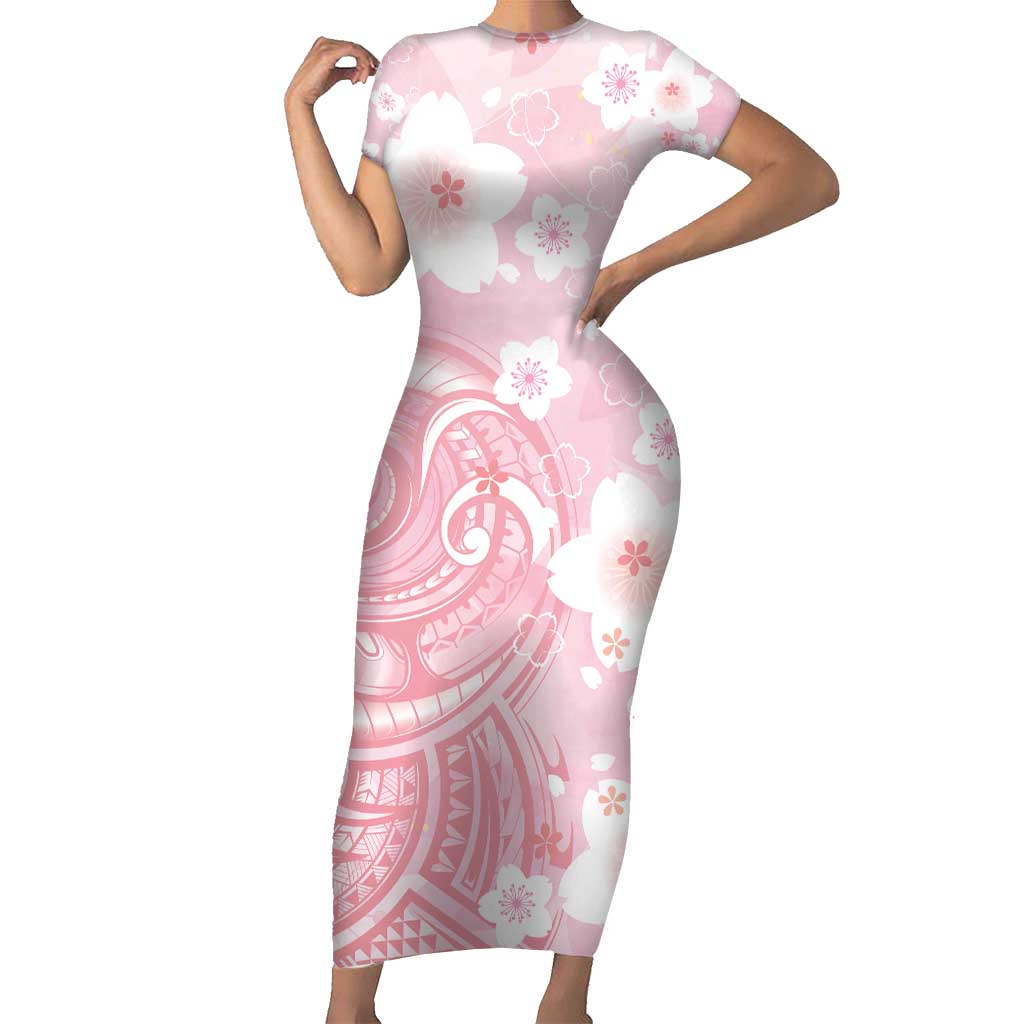 Japan Sakura Floral with Polynesian Vibe Short Sleeve Bodycon Dress LT9 Long Dress Pink - Polynesian Pride
