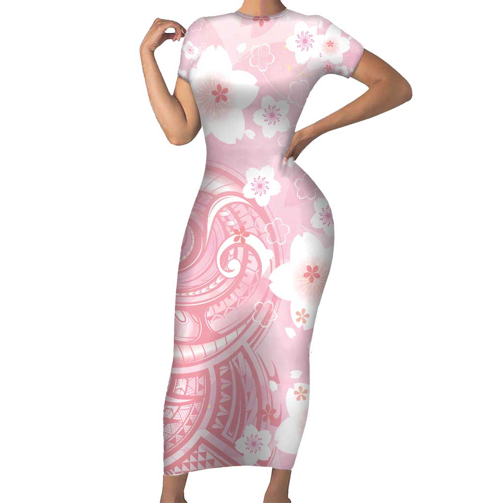 Japan Sakura Floral with Polynesian Vibe Short Sleeve Bodycon Dress