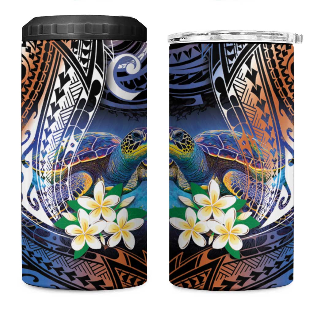 Marshall Islands Kwajalein Atoll 4 in 1 Can Cooler Tumbler Plumeria Sea Turtle with Polynesian Tribal