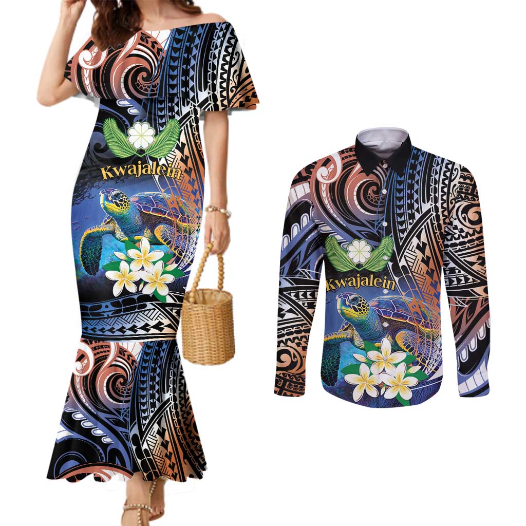 Marshall Islands Kwajalein Atoll Couples Matching Mermaid Dress and Long Sleeve Button Shirt Plumeria Sea Turtle with Polynesian Tribal