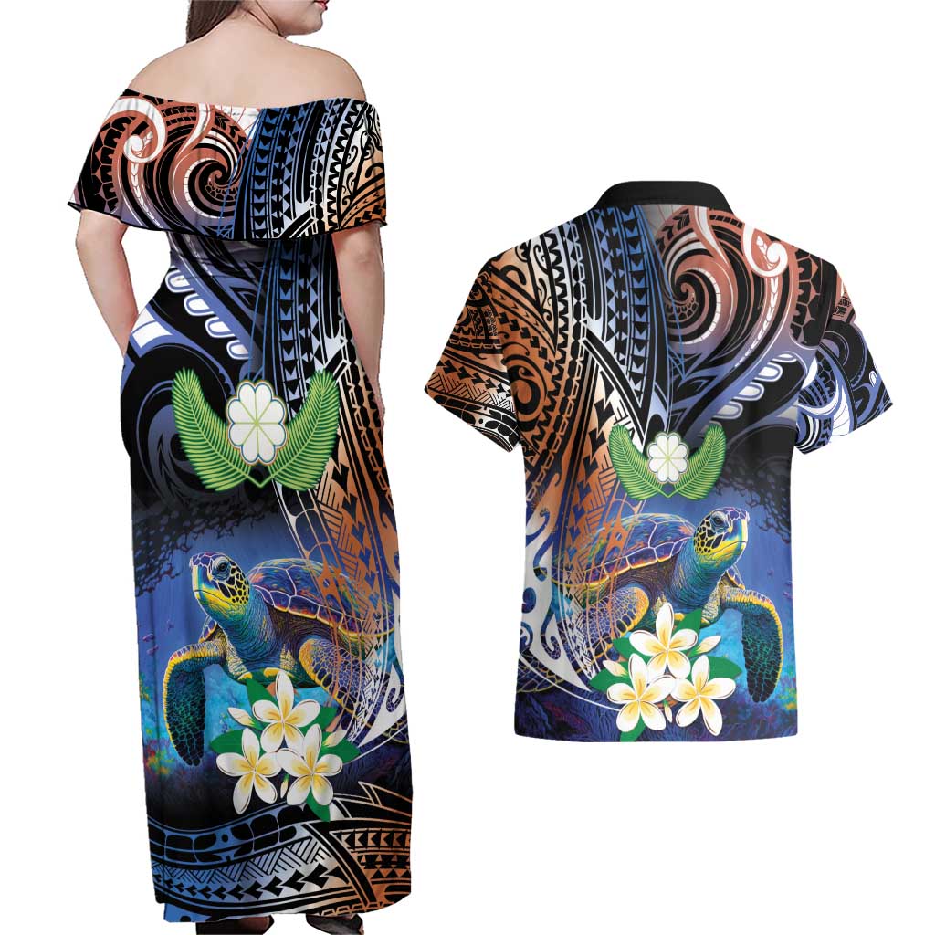 Marshall Islands Kwajalein Atoll Couples Matching Off Shoulder Maxi Dress and Hawaiian Shirt Plumeria Sea Turtle with Polynesian Tribal