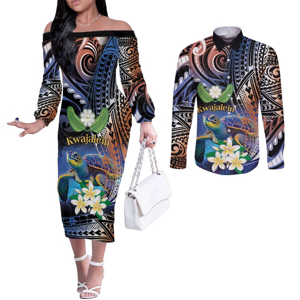 Marshall Islands Kwajalein Atoll Couples Matching Off The Shoulder Long Sleeve Dress and Long Sleeve Button Shirt Plumeria Sea Turtle with Polynesian Tribal