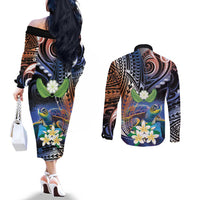 Marshall Islands Kwajalein Atoll Couples Matching Off The Shoulder Long Sleeve Dress and Long Sleeve Button Shirt Plumeria Sea Turtle with Polynesian Tribal