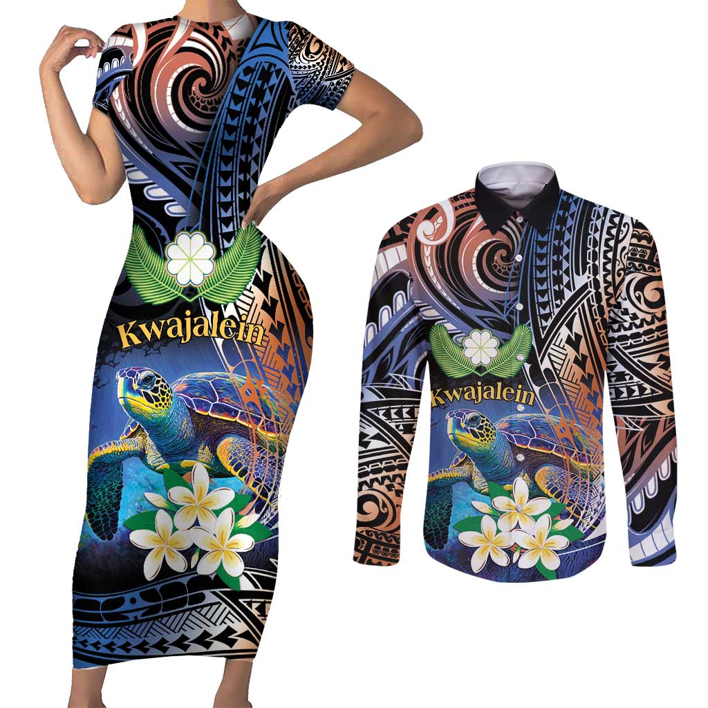 Marshall Islands Kwajalein Atoll Couples Matching Short Sleeve Bodycon Dress and Long Sleeve Button Shirt Plumeria Sea Turtle with Polynesian Tribal