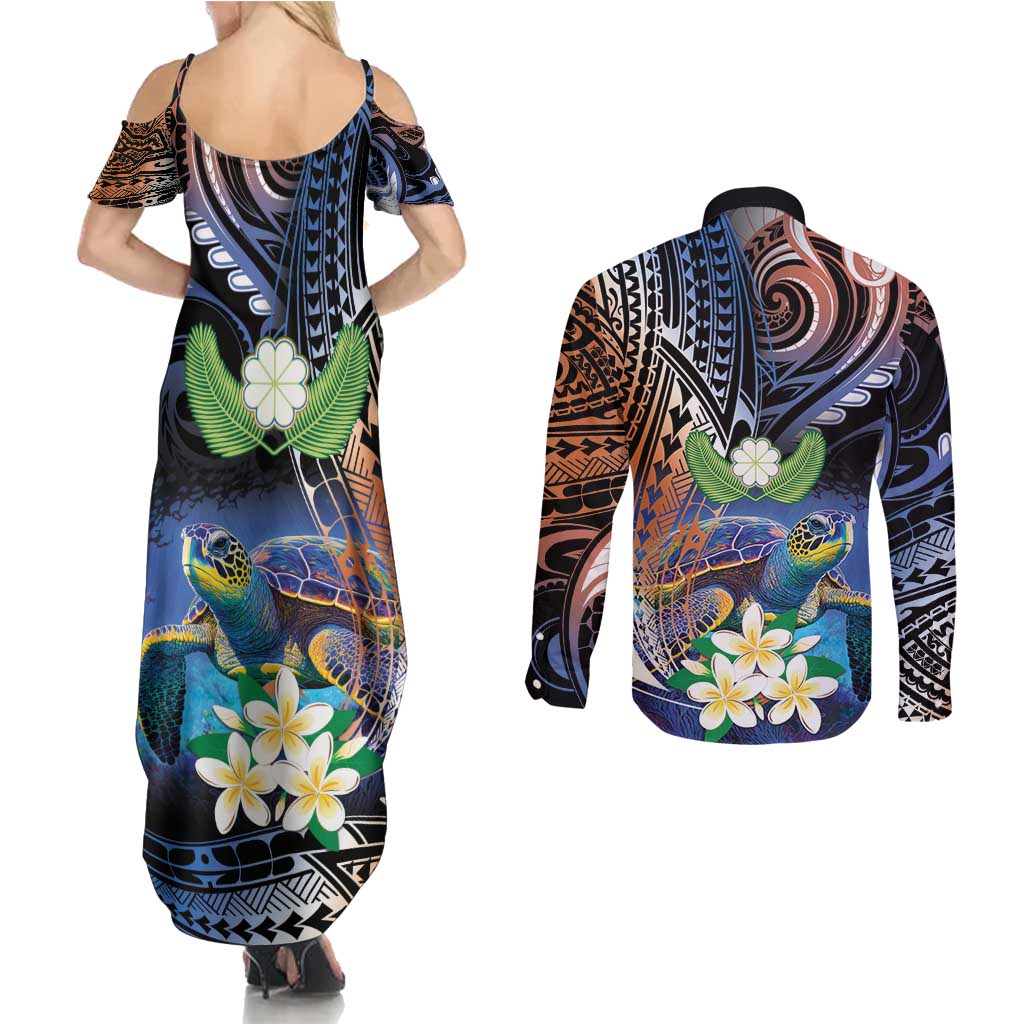 Marshall Islands Kwajalein Atoll Couples Matching Summer Maxi Dress and Long Sleeve Button Shirt Plumeria Sea Turtle with Polynesian Tribal