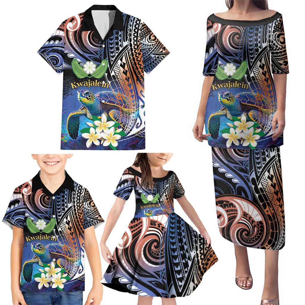 Marshall Islands Kwajalein Atoll Family Matching Puletasi and Hawaiian Shirt Plumeria Sea Turtle with Polynesian Tribal