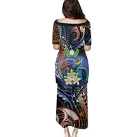 Marshall Islands Kwajalein Atoll Family Matching Puletasi and Hawaiian Shirt Plumeria Sea Turtle with Polynesian Tribal