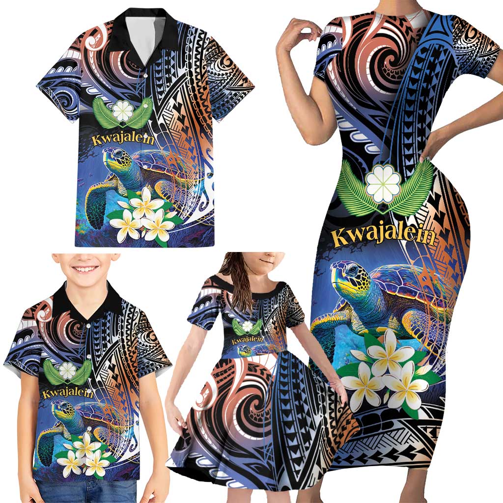 Marshall Islands Kwajalein Atoll Family Matching Short Sleeve Bodycon Dress and Hawaiian Shirt Plumeria Sea Turtle with Polynesian Tribal