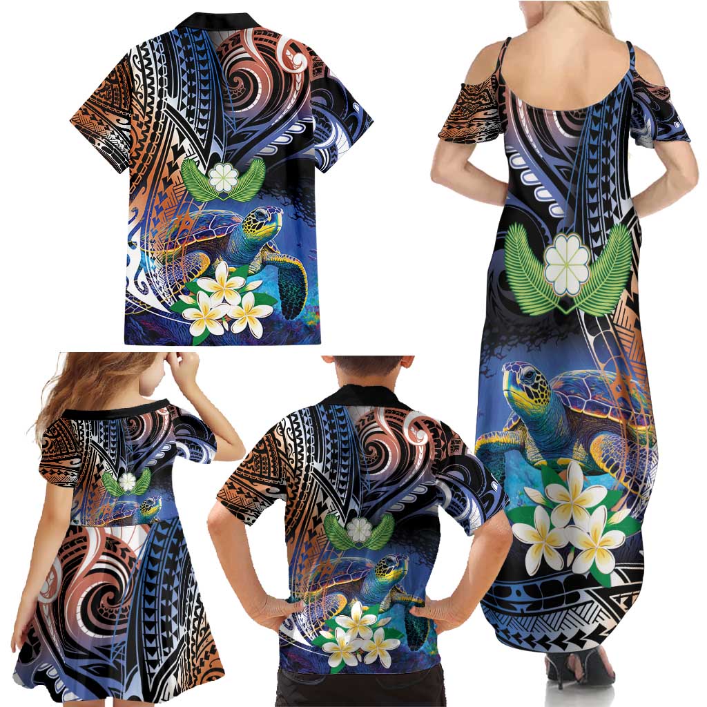 Marshall Islands Kwajalein Atoll Family Matching Summer Maxi Dress and Hawaiian Shirt Plumeria Sea Turtle with Polynesian Tribal