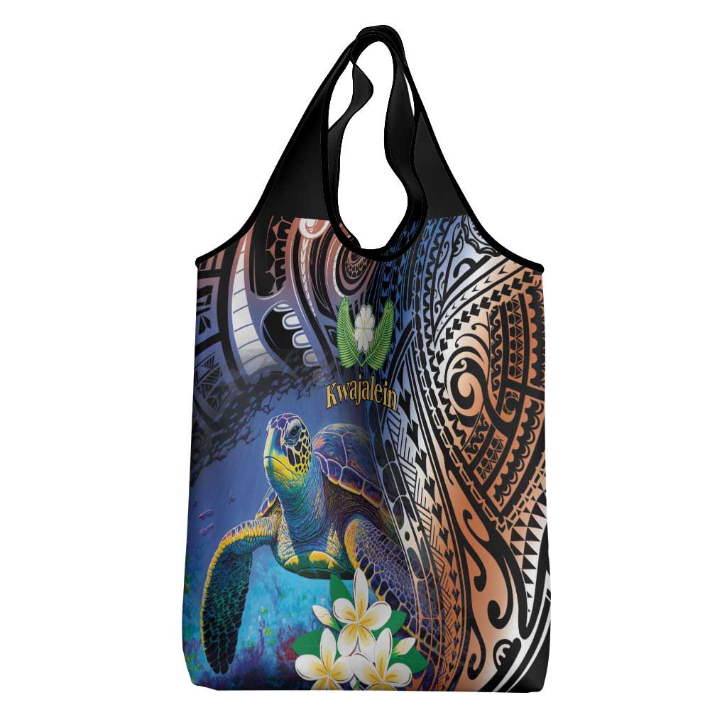 Marshall Islands Kwajalein Atoll Grocery Bag Plumeria Sea Turtle with Polynesian Tribal