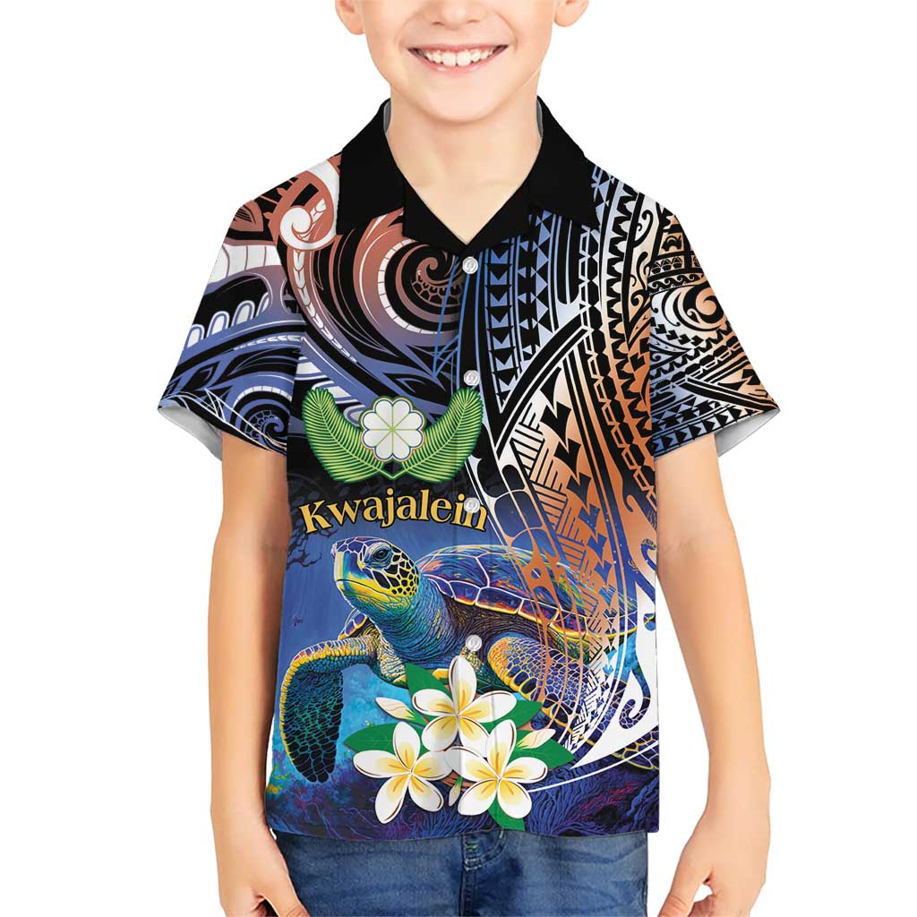 Marshall Islands Kwajalein Atoll Kid Hawaiian Shirt Plumeria Sea Turtle with Polynesian Tribal