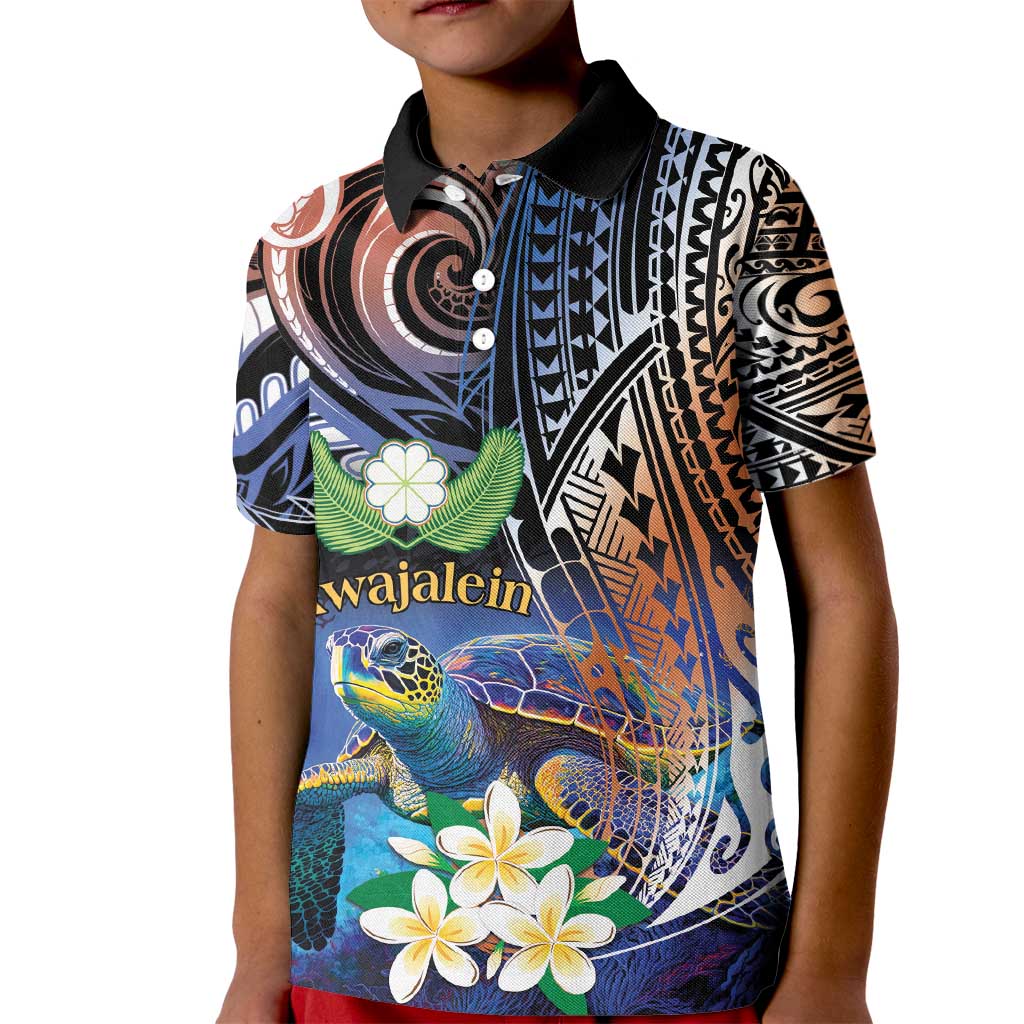 Marshall Islands Kwajalein Atoll Kid Polo Shirt Plumeria Sea Turtle with Polynesian Tribal