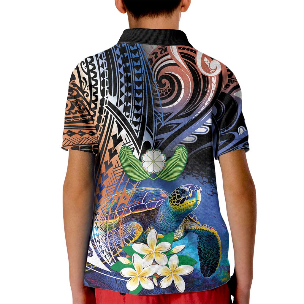 Marshall Islands Kwajalein Atoll Kid Polo Shirt Plumeria Sea Turtle with Polynesian Tribal