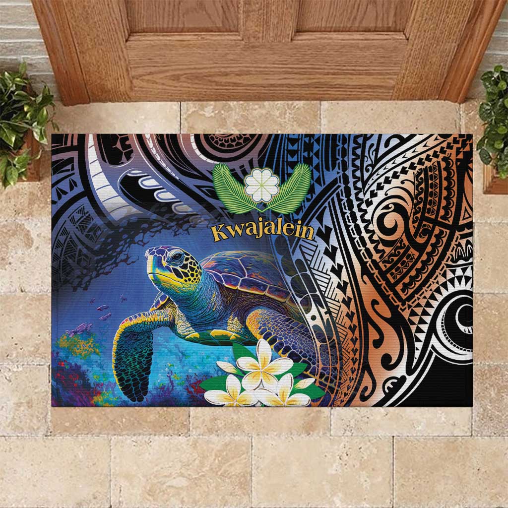 Marshall Islands Kwajalein Atoll Rubber Doormat Plumeria Sea Turtle with Polynesian Tribal