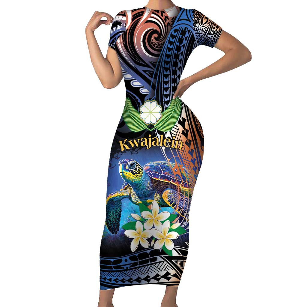 Marshall Islands Kwajalein Atoll Short Sleeve Bodycon Dress Plumeria Sea Turtle with Polynesian Tribal