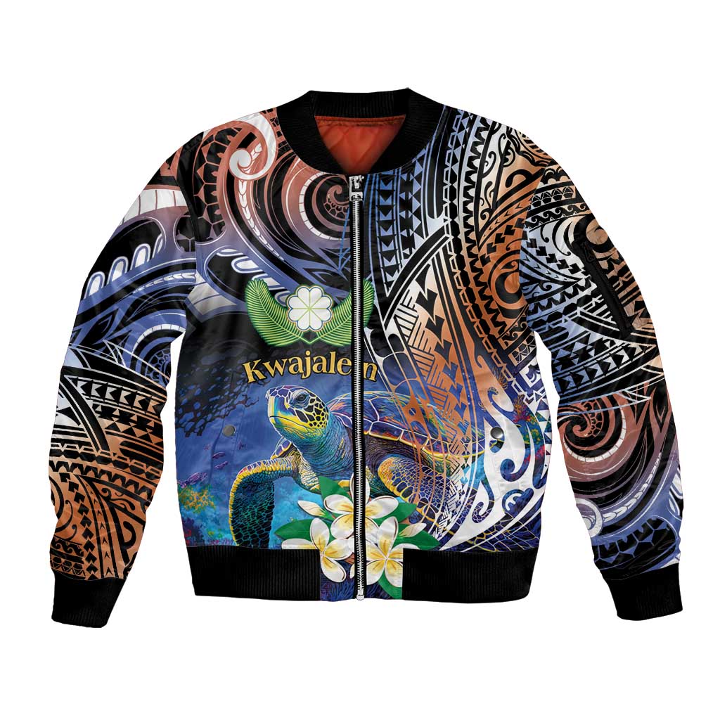 Marshall Islands Kwajalein Atoll Sleeve Zip Bomber Jacket Plumeria Sea Turtle with Polynesian Tribal